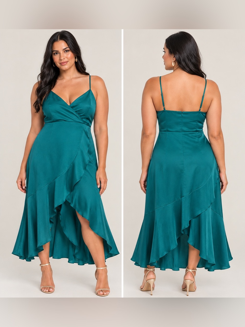 Plus Satin High-Low Ruffle Dress in Teal